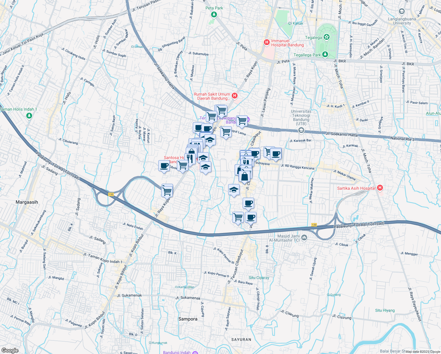 map of restaurants, bars, coffee shops, grocery stores, and more near Jalan Kopo Bizpark in Kota Bandung