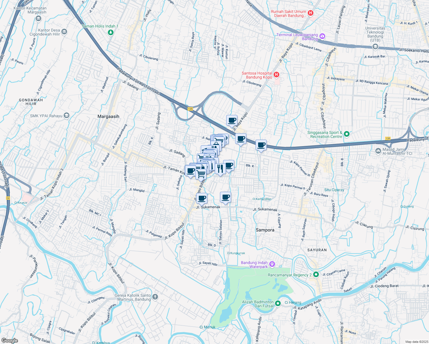 map of restaurants, bars, coffee shops, grocery stores, and more near Jalan Raya Kopo Bihbul in Bandung
