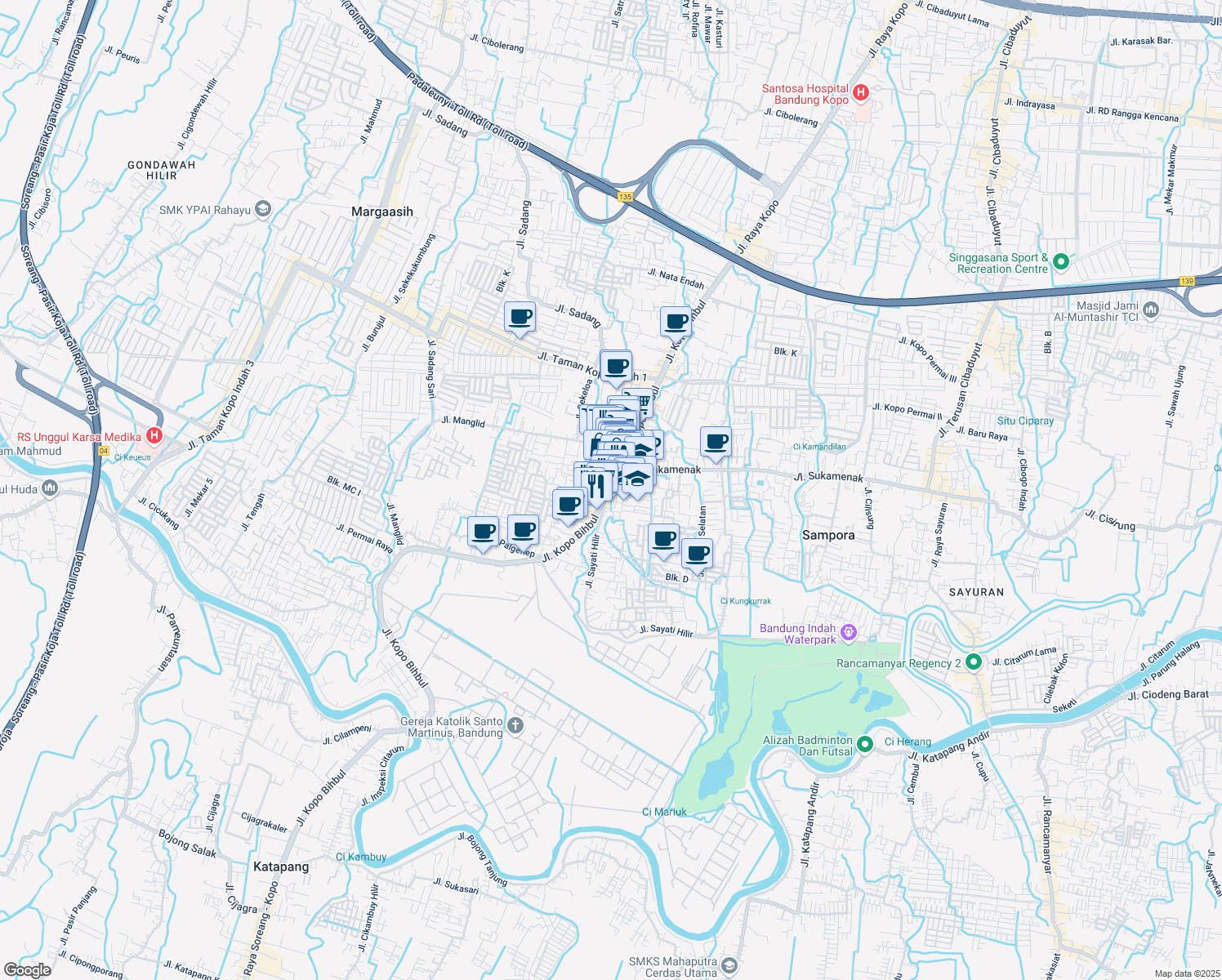 map of restaurants, bars, coffee shops, grocery stores, and more near Jalan Raya Kopo Bihbul in Bandung