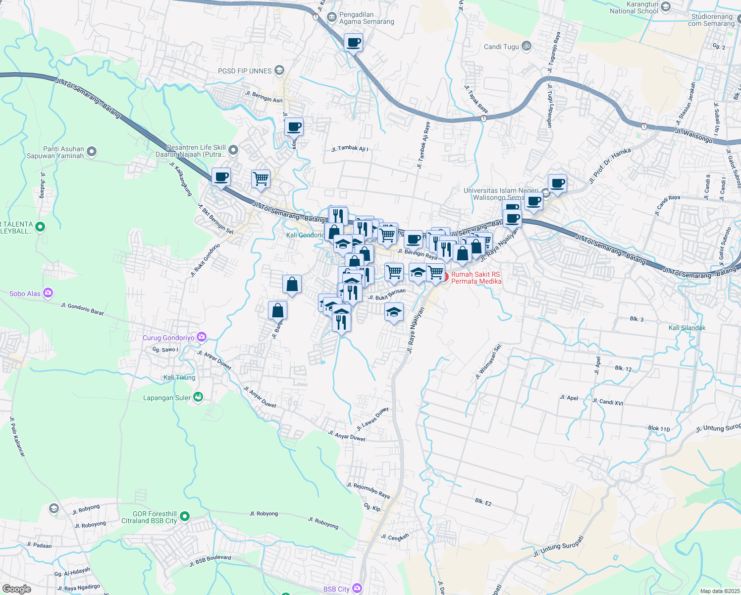 map of restaurants, bars, coffee shops, grocery stores, and more near Jalan Gang 2 in Semarang