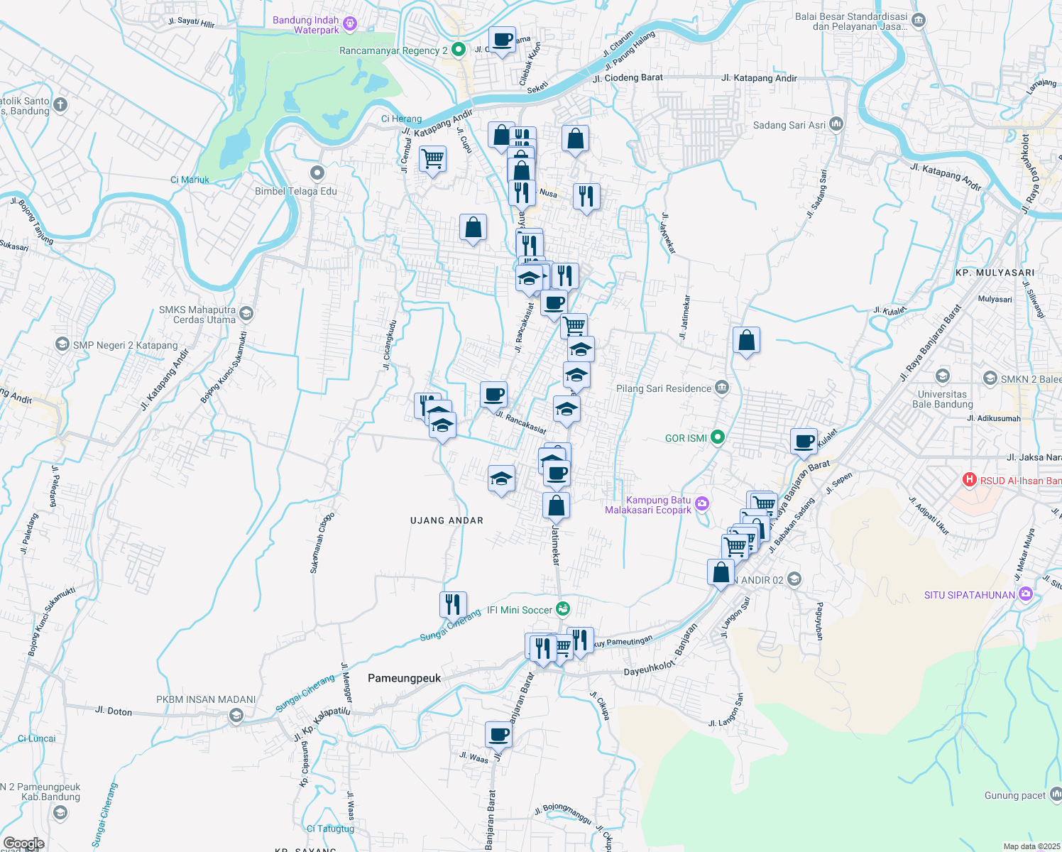 map of restaurants, bars, coffee shops, grocery stores, and more near Jalan Ranca Kasiat in Bandung