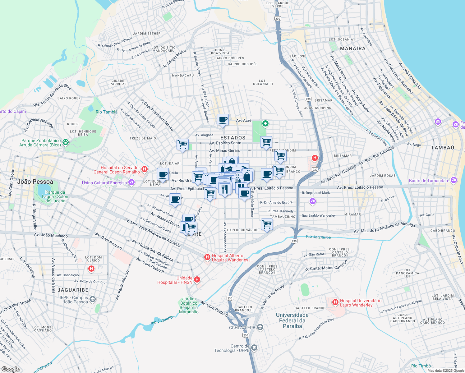 map of restaurants, bars, coffee shops, grocery stores, and more near 1817 Avenida Presidente Epitácio Pessoa in João Pessoa