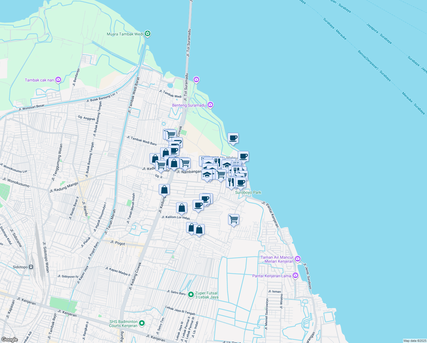 map of restaurants, bars, coffee shops, grocery stores, and more near Kedinding Lor Gang Manggis in Kota Surabaya