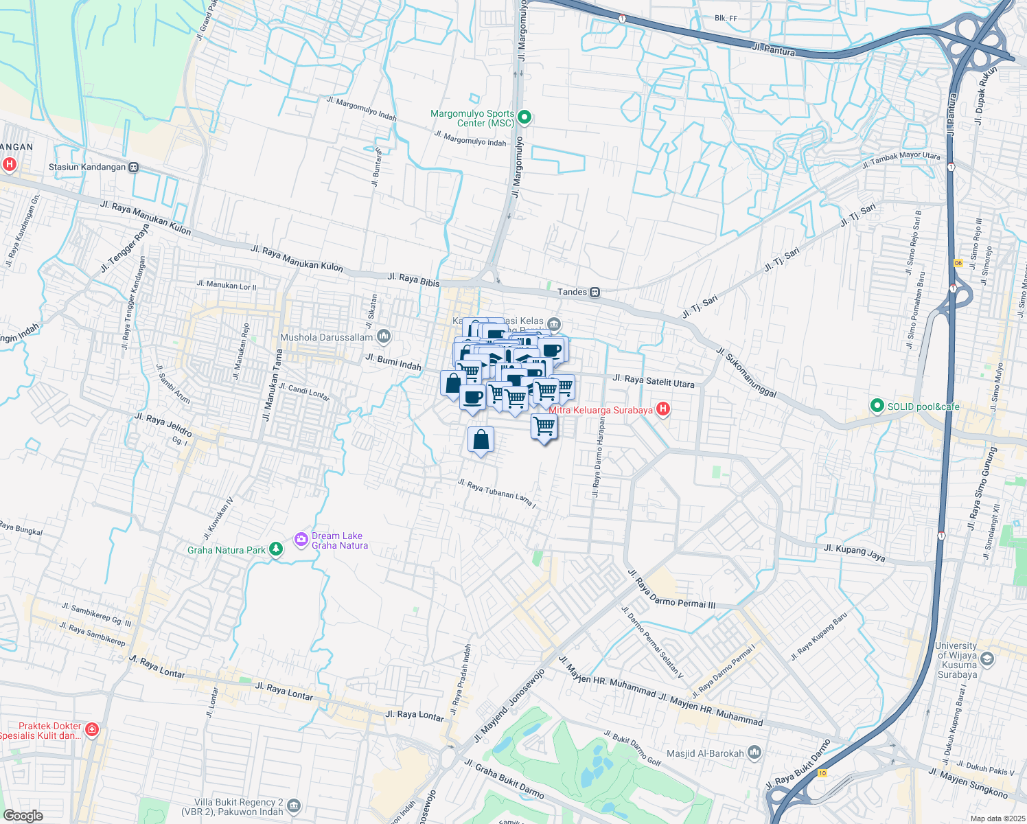 map of restaurants, bars, coffee shops, grocery stores, and more near Jalan Tubanan Baru I in Kota Surabaya
