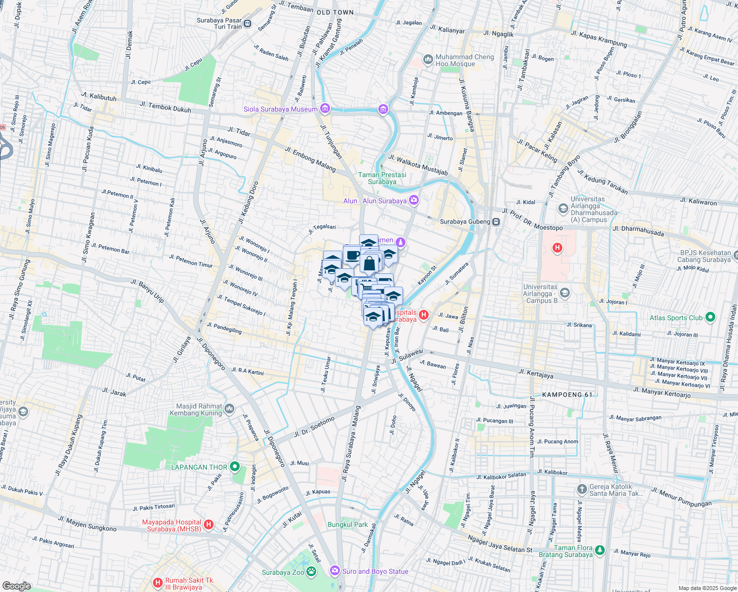 map of restaurants, bars, coffee shops, grocery stores, and more near Jalan Jenderal Basuki Rahmat in Surabaya