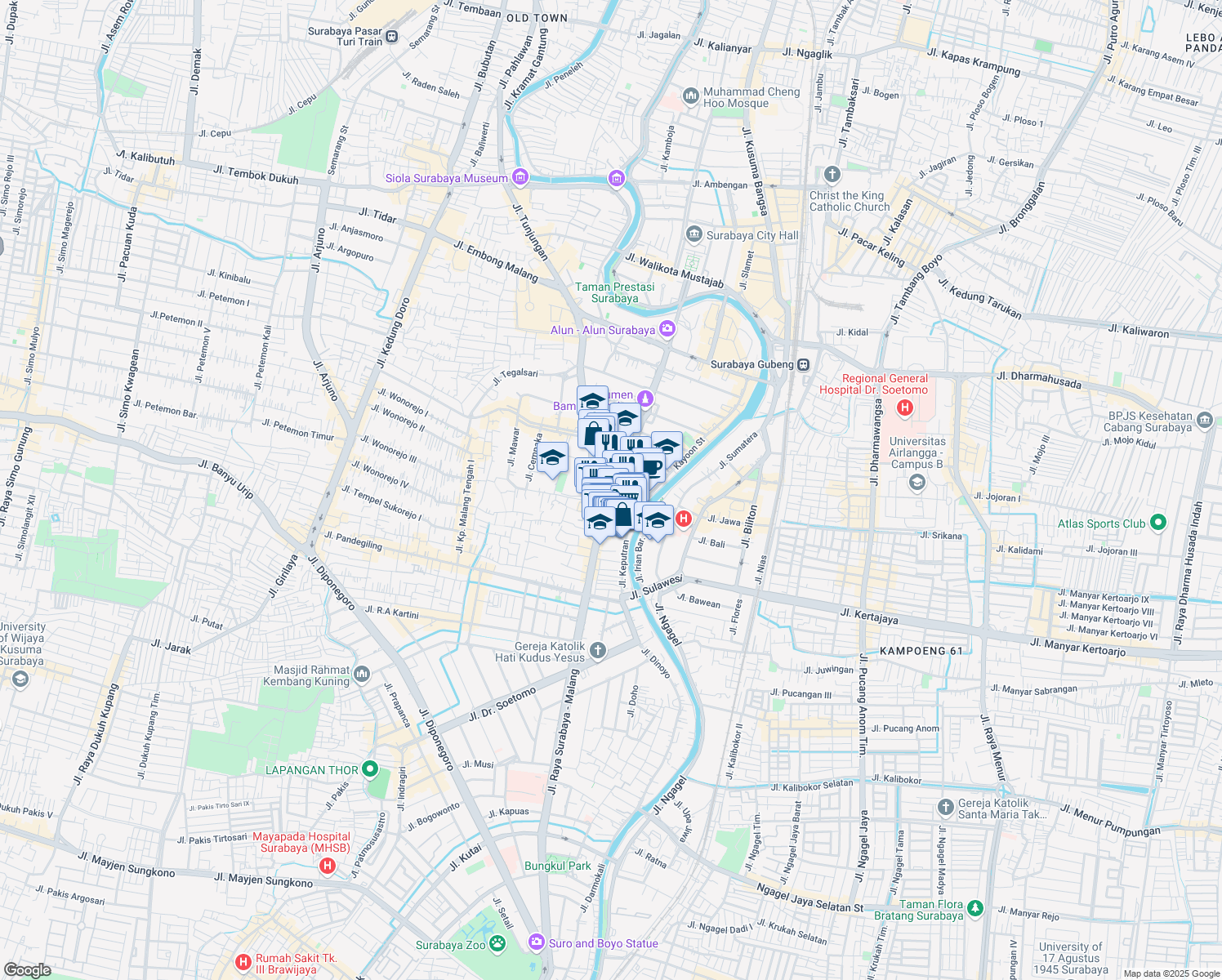 map of restaurants, bars, coffee shops, grocery stores, and more near 66-68 Jalan Panglima Sudirman in Kota Surabaya