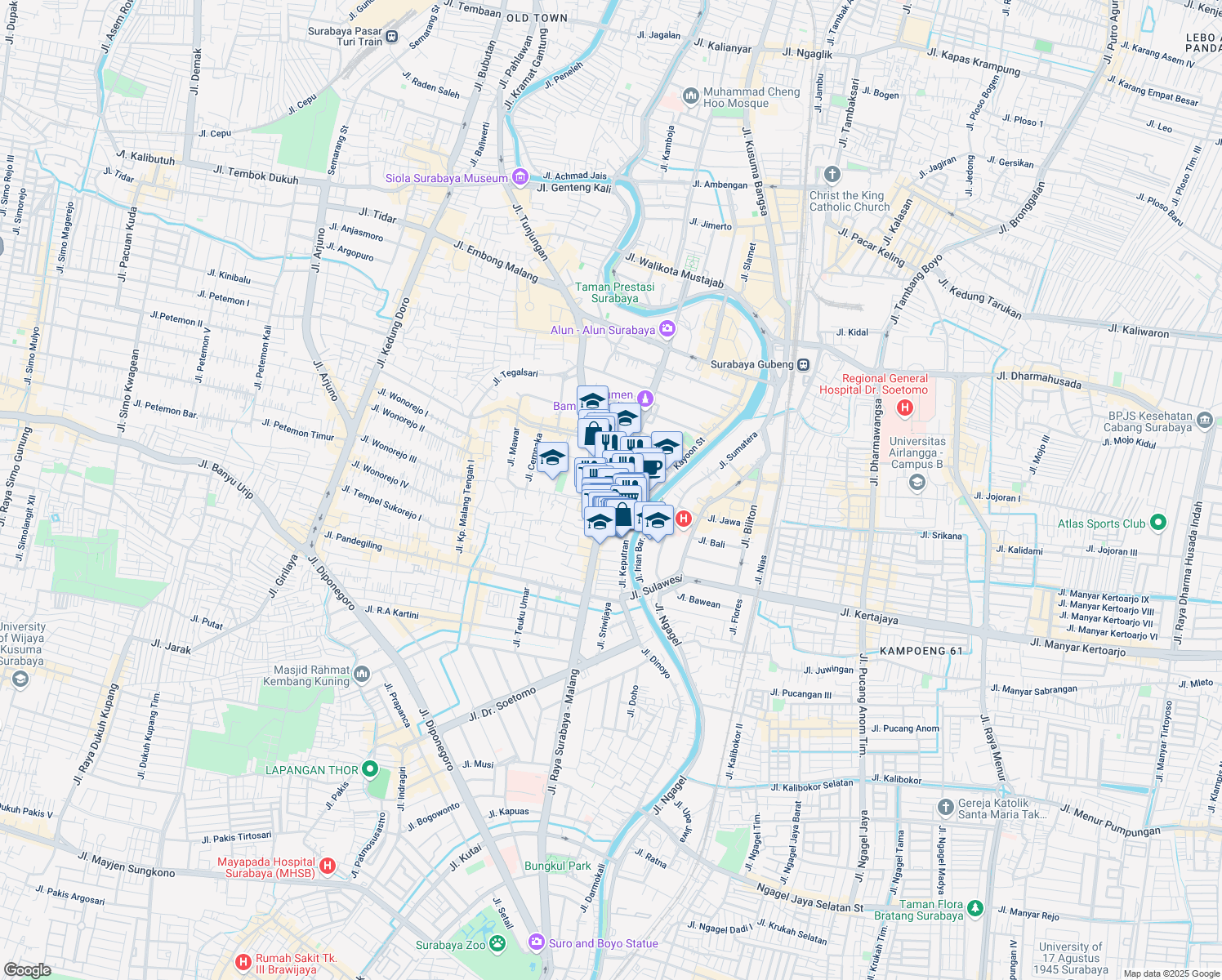 map of restaurants, bars, coffee shops, grocery stores, and more near 66-68 Jalan Panglima Sudirman in Kota Surabaya