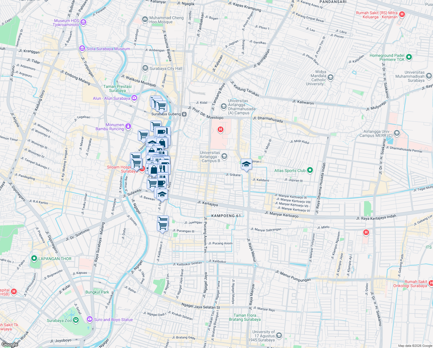 map of restaurants, bars, coffee shops, grocery stores, and more near Srikana in Surabaya