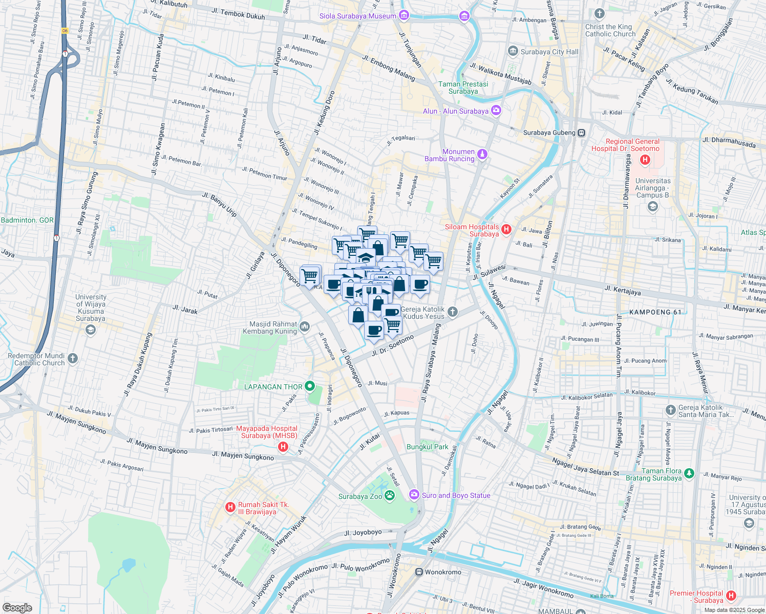 map of restaurants, bars, coffee shops, grocery stores, and more near 68 - 78 Jalan Raya Darmo in Kota Surabaya