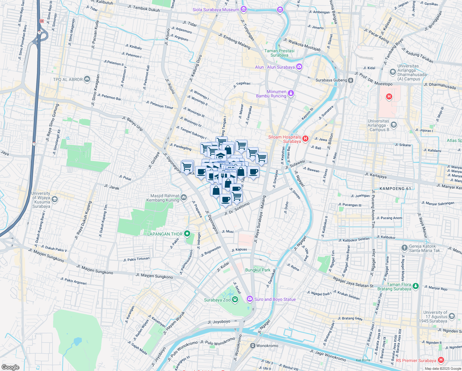 map of restaurants, bars, coffee shops, grocery stores, and more near no 47 Jalan Imam Bonjol in Kota Surabaya