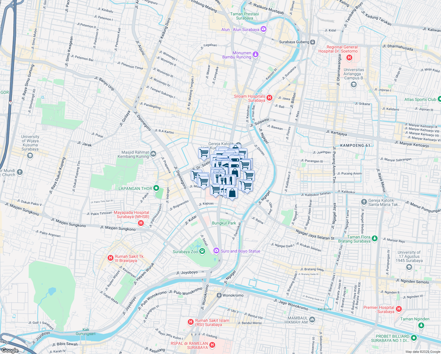 map of restaurants, bars, coffee shops, grocery stores, and more near 68 - 78 Jalan Raya Darmo in Kota Surabaya