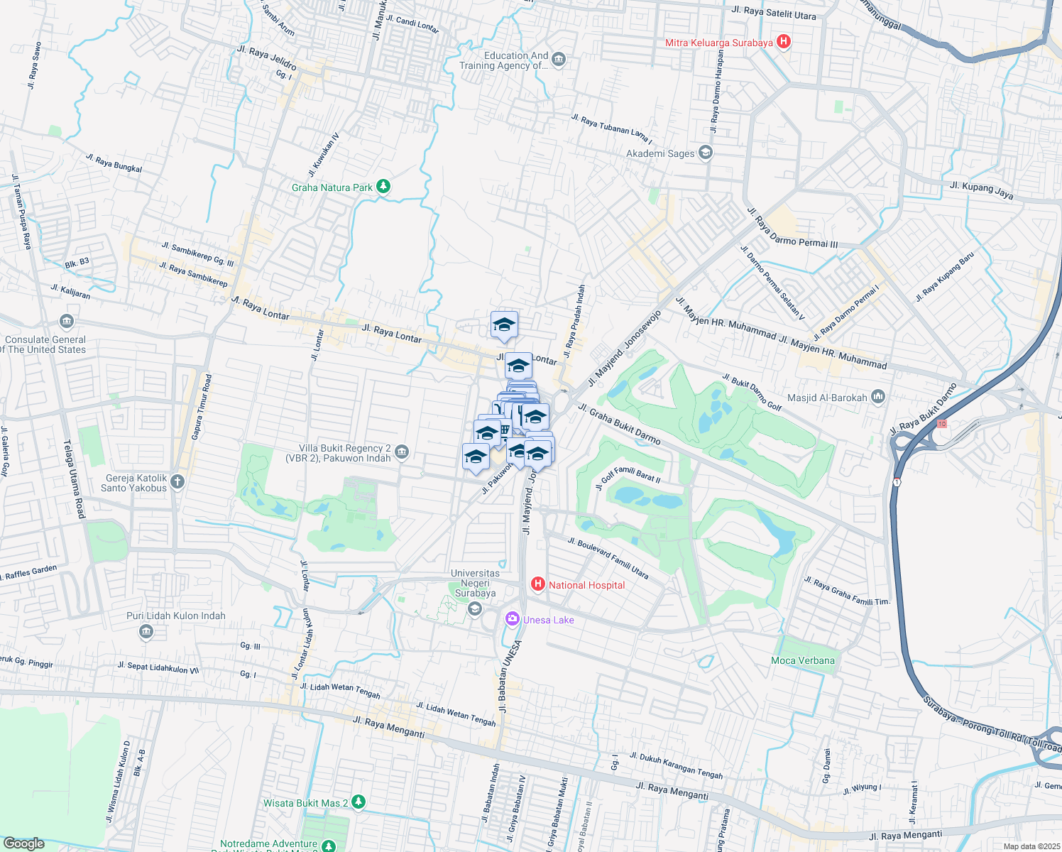 map of restaurants, bars, coffee shops, grocery stores, and more near 2 Jalan Mayjen Yono Suwoyo in Kota Surabaya