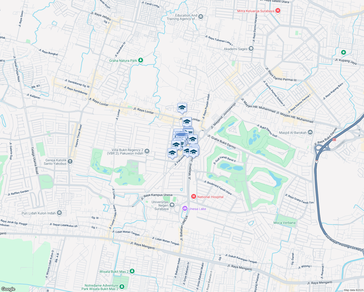 map of restaurants, bars, coffee shops, grocery stores, and more near 2 Jalan Mayjen Yono Suwoyo in Kota Surabaya