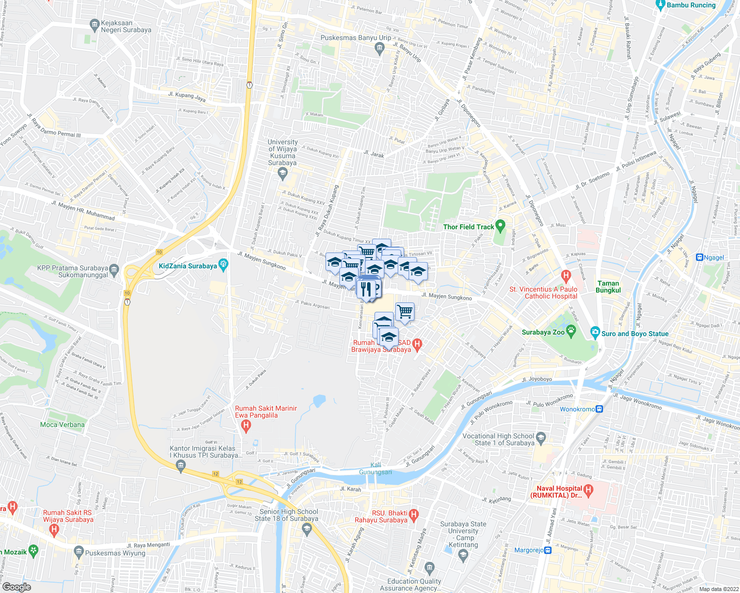 map of restaurants, bars, coffee shops, grocery stores, and more near 87 Jalan Mayjen Sungkono in Kota Surabaya