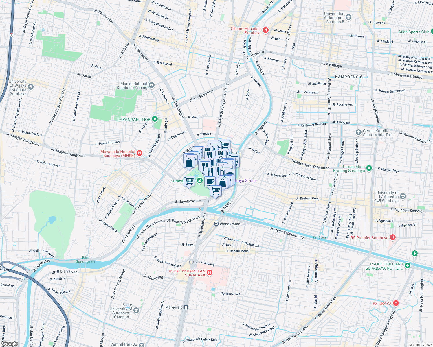 map of restaurants, bars, coffee shops, grocery stores, and more near Jalan Raya Darmo in Surabaya