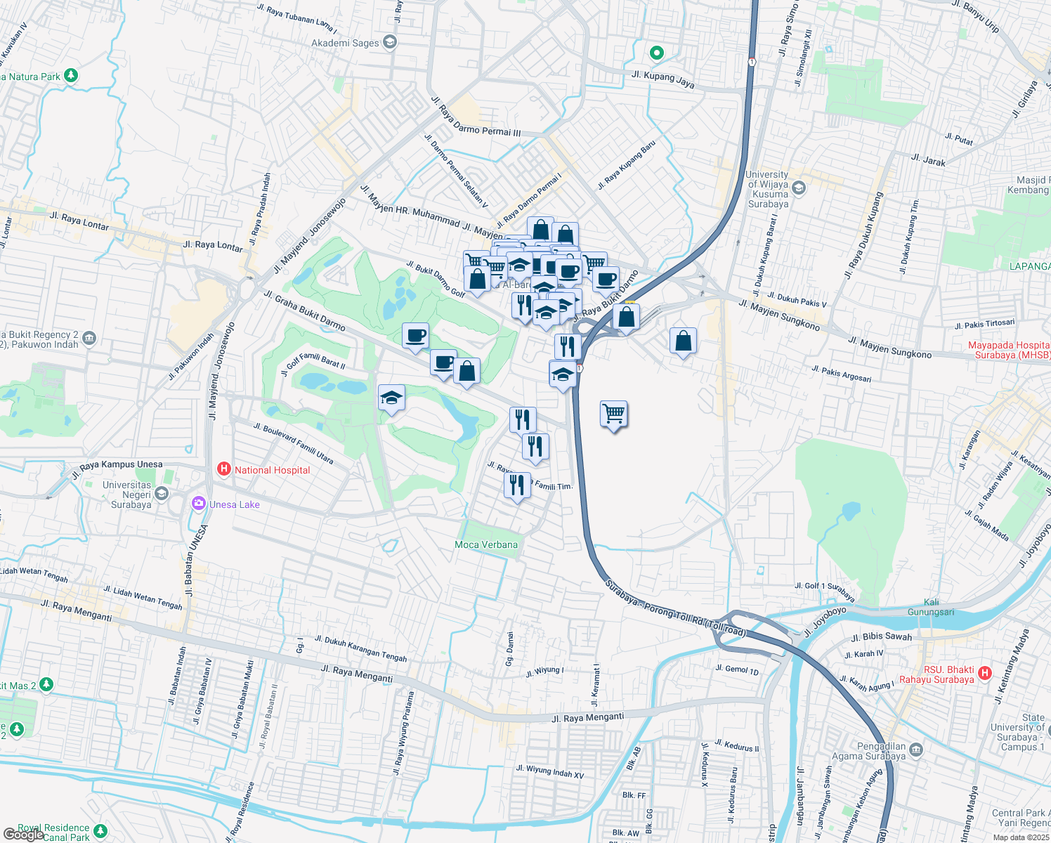 map of restaurants, bars, coffee shops, grocery stores, and more near 40A Jalan Graha Famili Utara III in Surabaya
