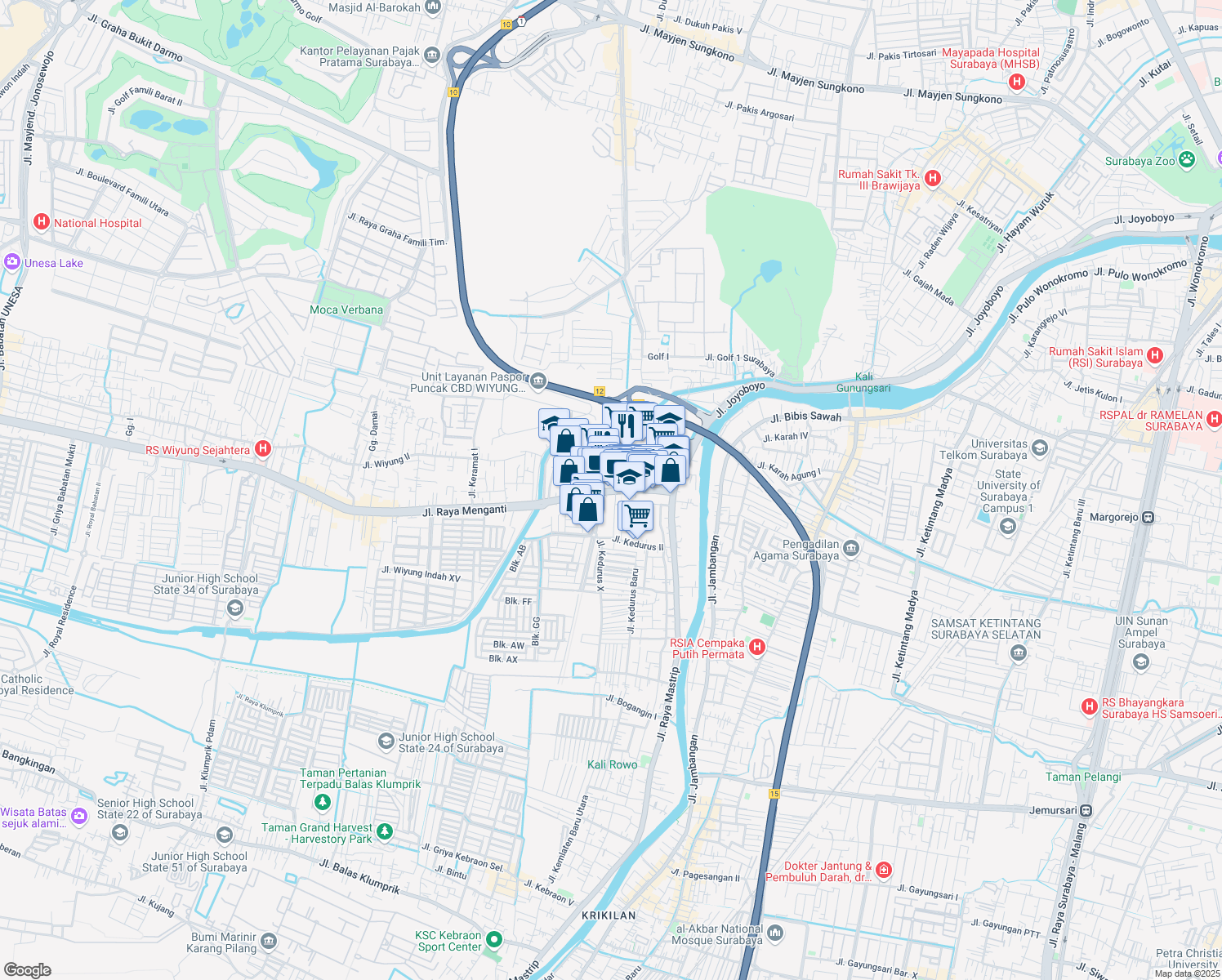 map of restaurants, bars, coffee shops, grocery stores, and more near 35 Jalan Raya Menganti in Kota Surabaya