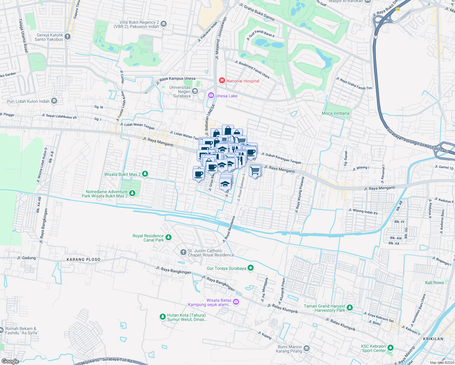 map of restaurants, bars, coffee shops, grocery stores, and more near 33 Jalan Griya Babatan Mukti VIII in Kota Surabaya