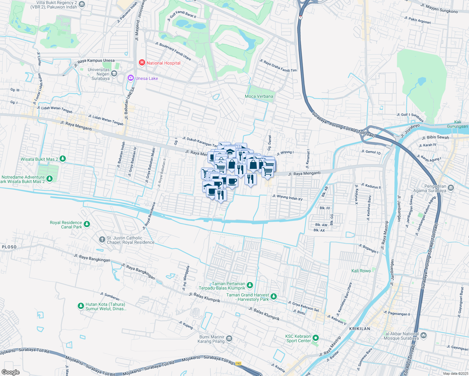 map of restaurants, bars, coffee shops, grocery stores, and more near 32 Jalan Wiyung Brantas Permai II in Kota Surabaya