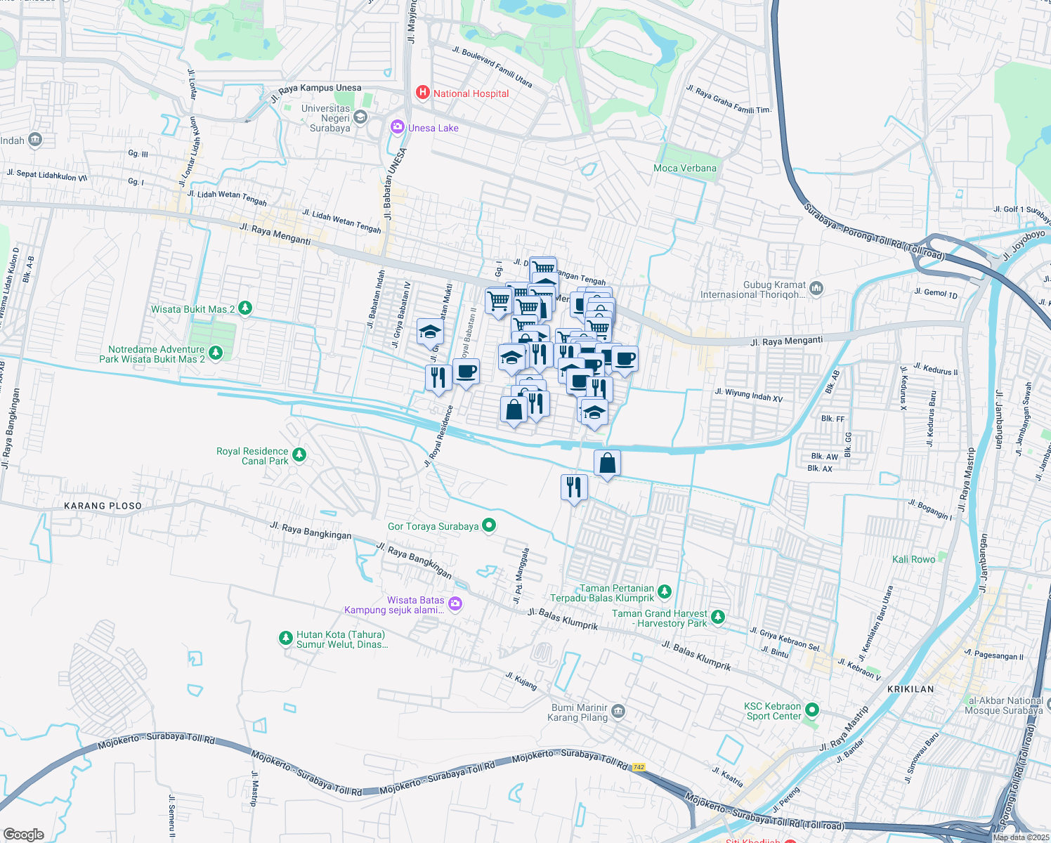 map of restaurants, bars, coffee shops, grocery stores, and more near 28 Jalan Babatan Pratama XXVII in Kota Surabaya