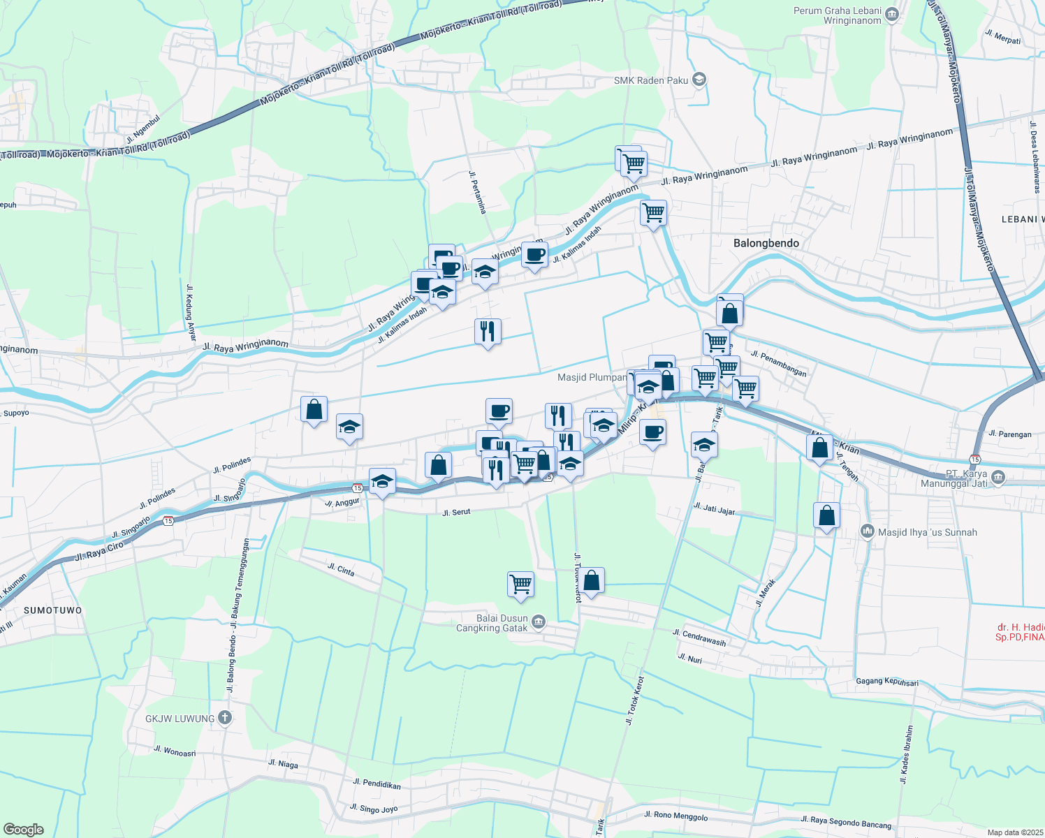 map of restaurants, bars, coffee shops, grocery stores, and more near in Kabupaten Sidoarjo