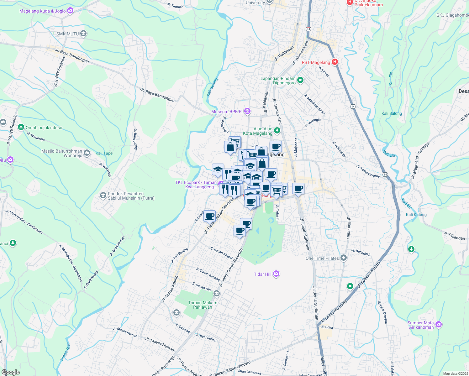 map of restaurants, bars, coffee shops, grocery stores, and more near Jalan Cempaka II in Kota Magelang