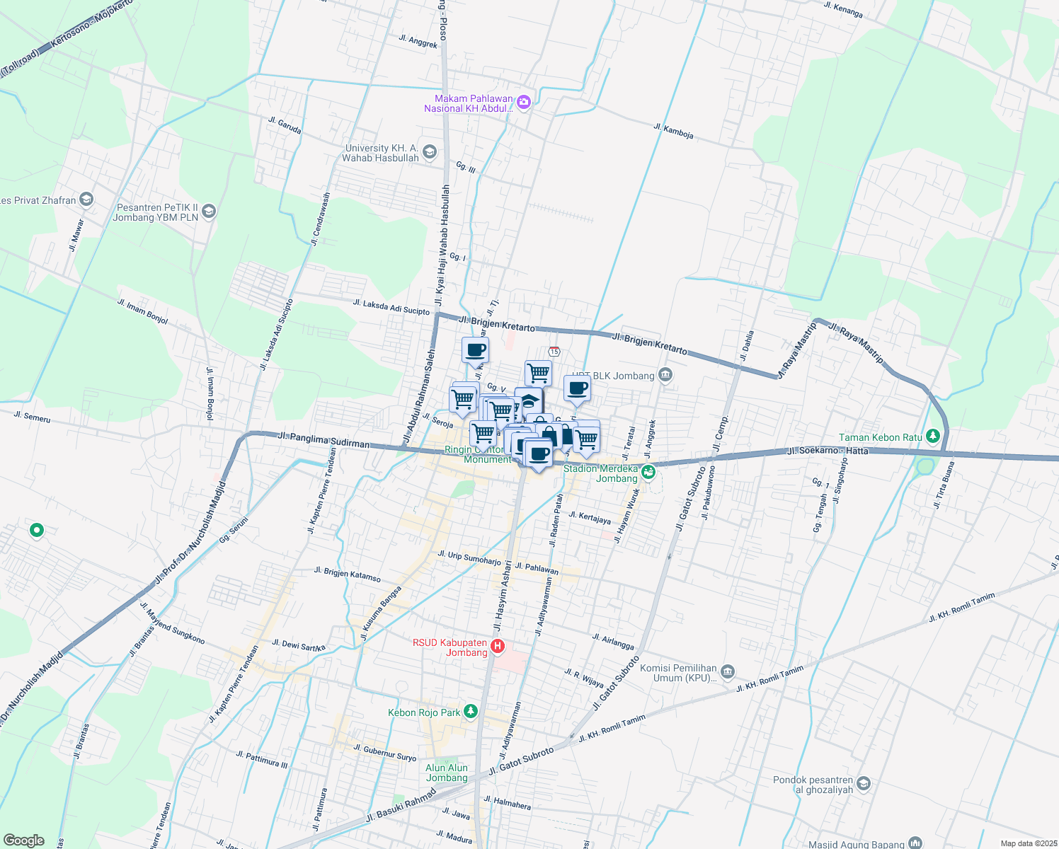 map of restaurants, bars, coffee shops, grocery stores, and more near in Kabupaten Jombang