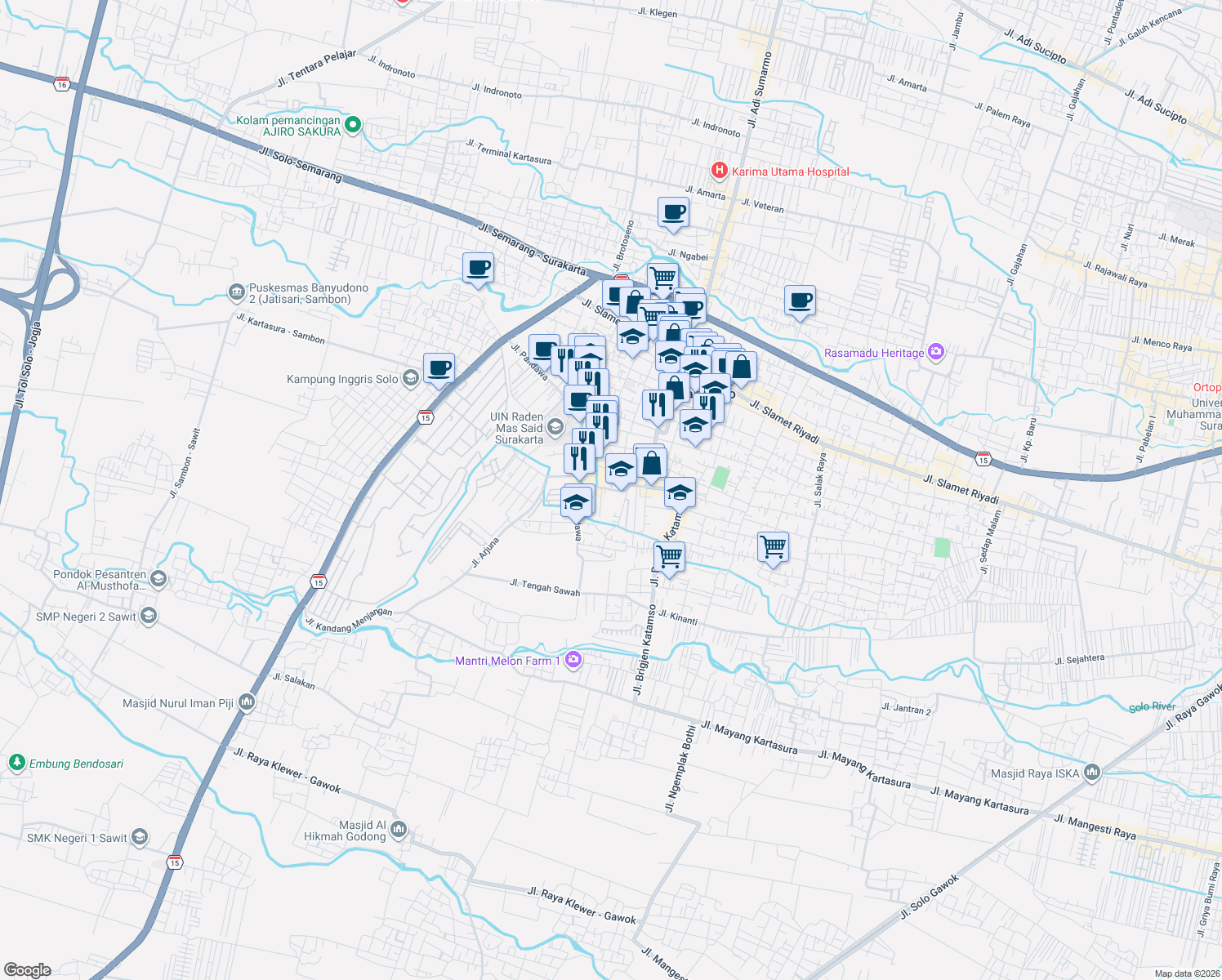 map of restaurants, bars, coffee shops, grocery stores, and more near Jalan Betoro Raya in Kabupaten Sukoharjo