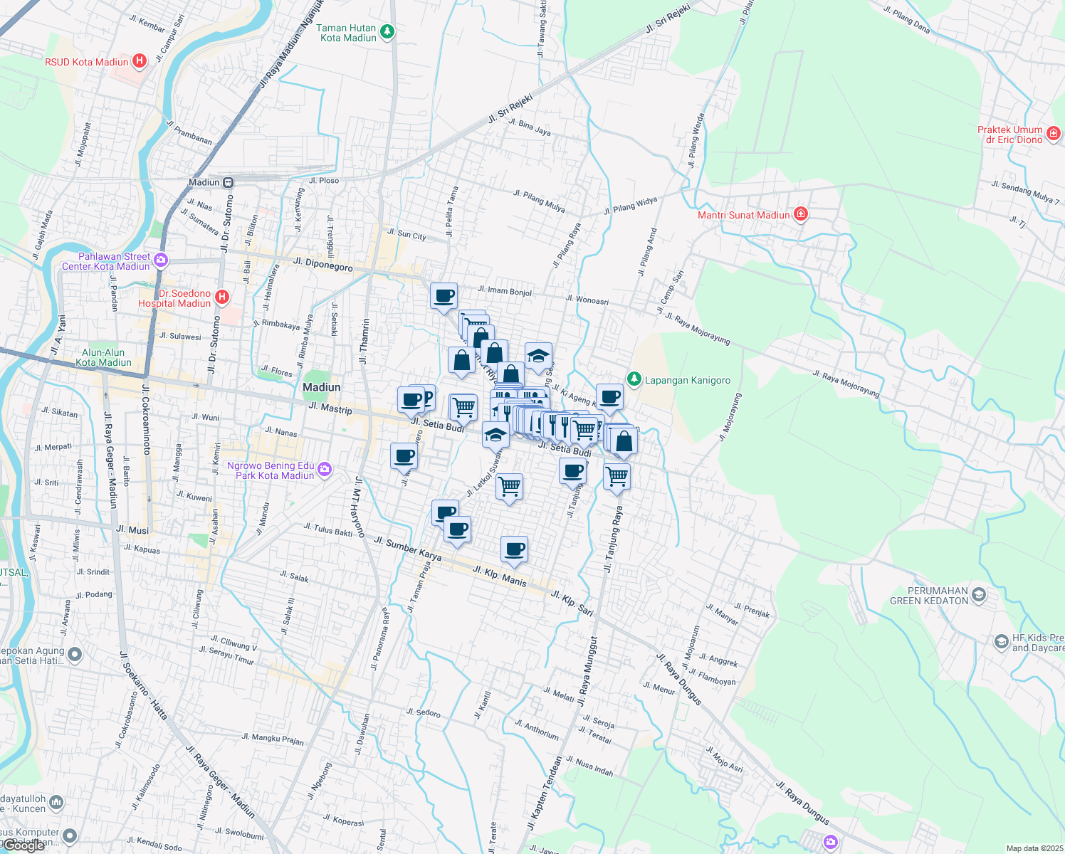 map of restaurants, bars, coffee shops, grocery stores, and more near Jalan Cempaka in Kota Madiun