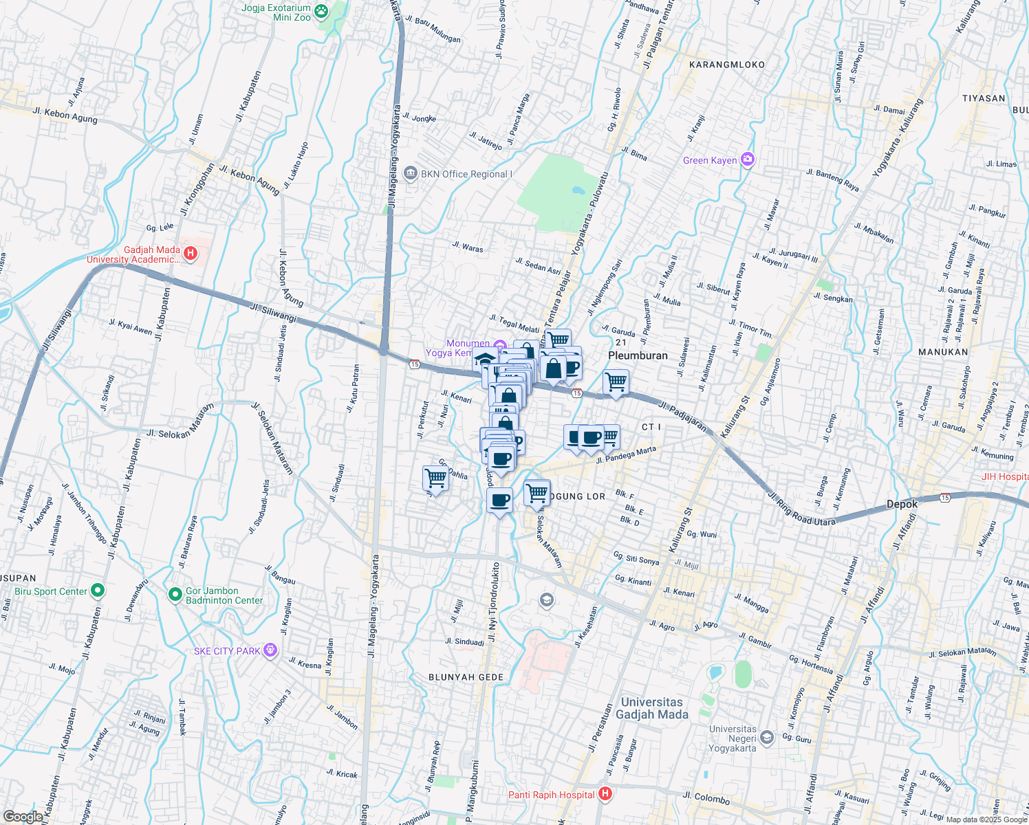 map of restaurants, bars, coffee shops, grocery stores, and more near Jalan Monjali in Sleman