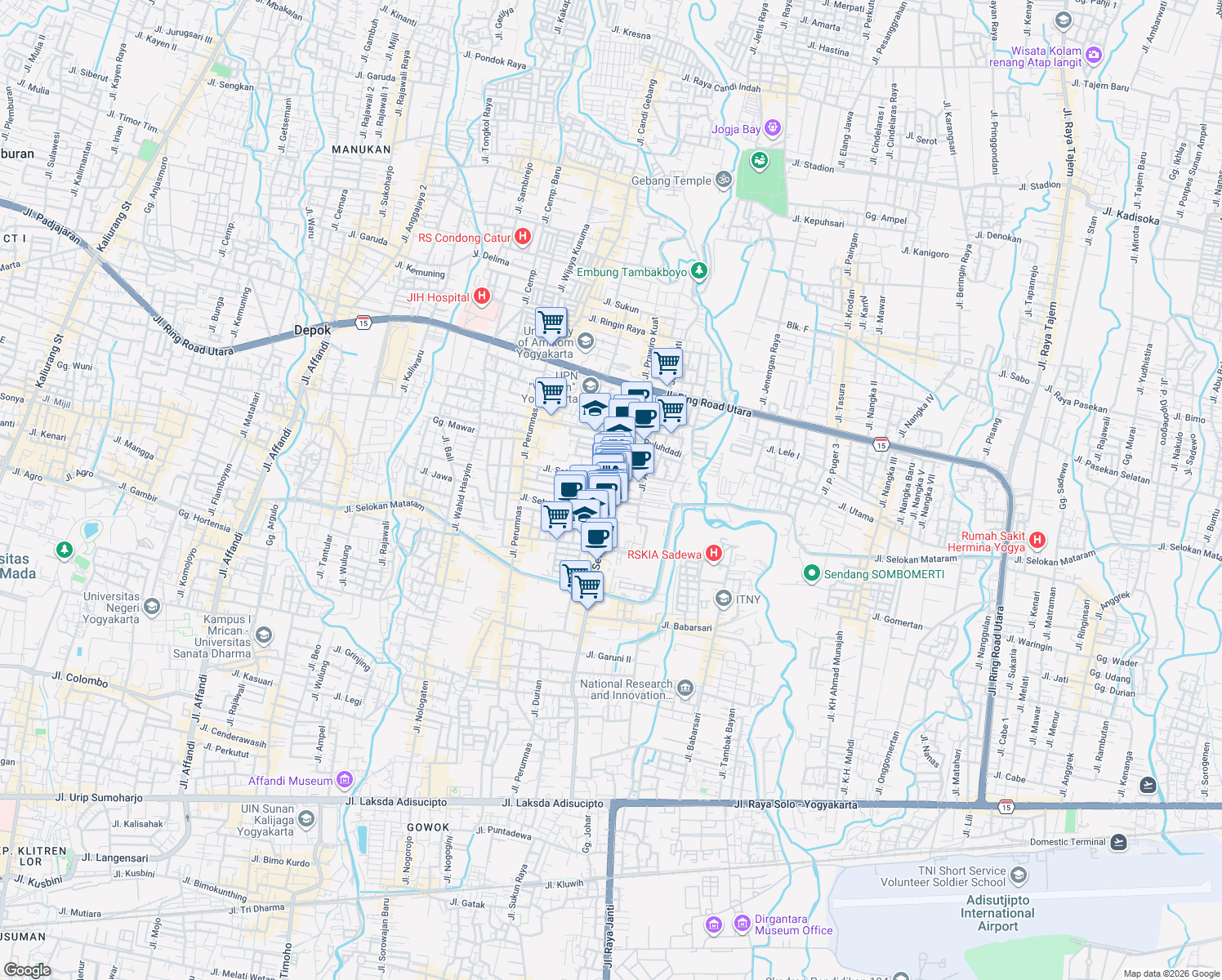map of restaurants, bars, coffee shops, grocery stores, and more near Jalan Seturan Raya in Depok