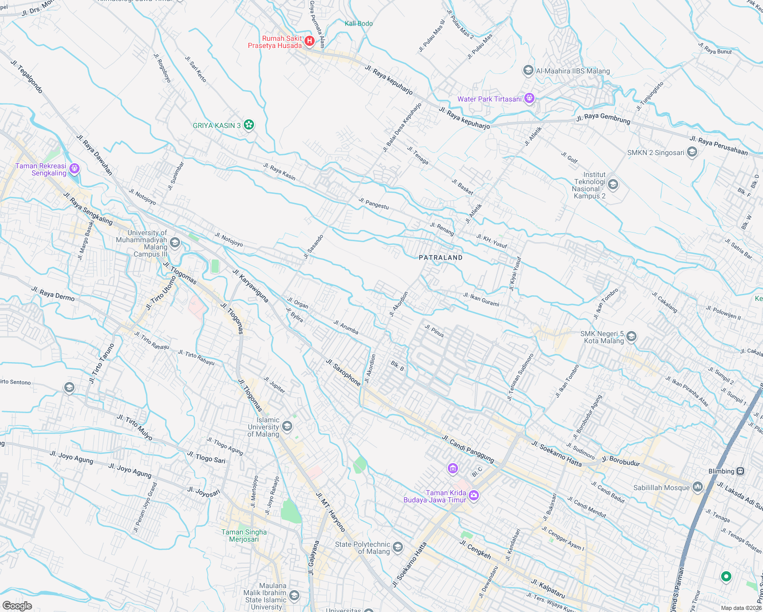 map of restaurants, bars, coffee shops, grocery stores, and more near Jalan Harmonika in Kota Malang