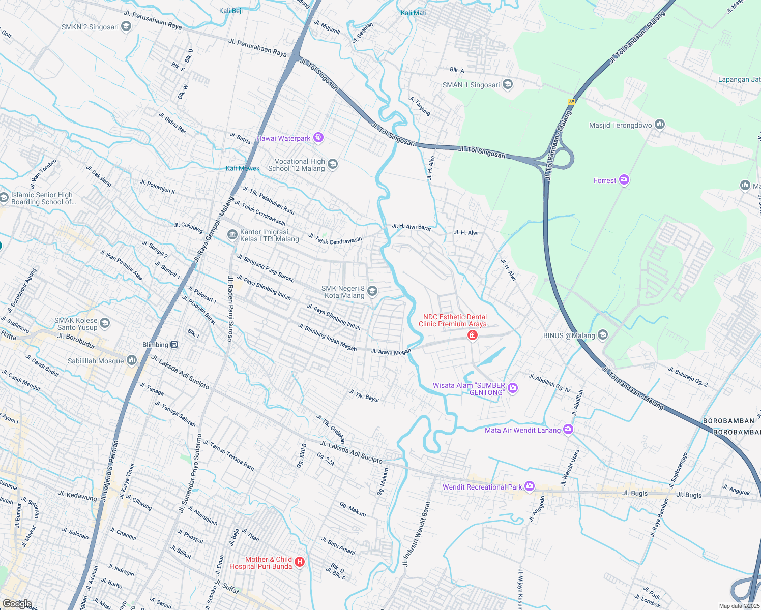 map of restaurants, bars, coffee shops, grocery stores, and more near 51 Jalan Taman Indrakila Golf in Kota Malang