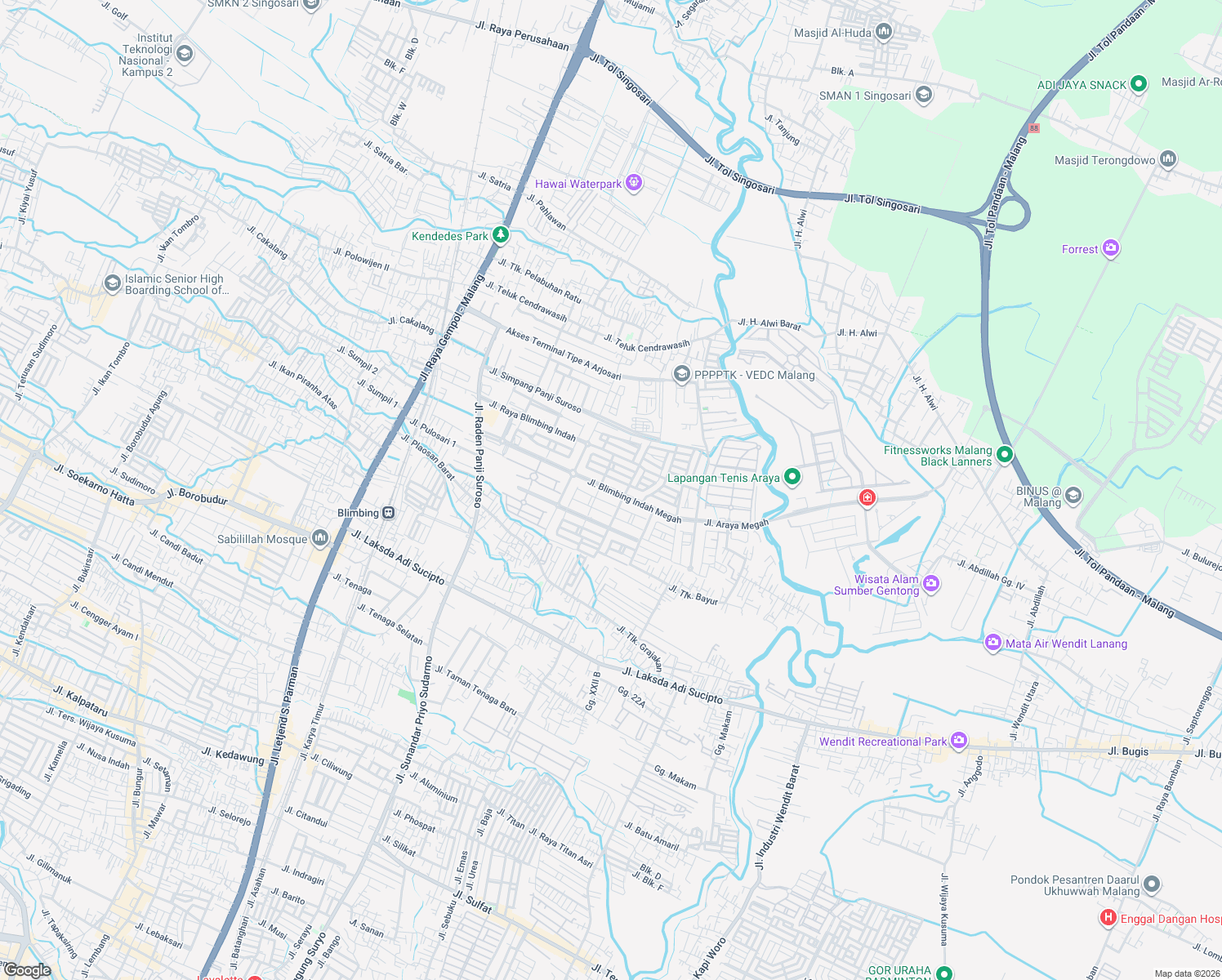map of restaurants, bars, coffee shops, grocery stores, and more near 20 Jalan Blimbing Indah Megah in Kota Malang