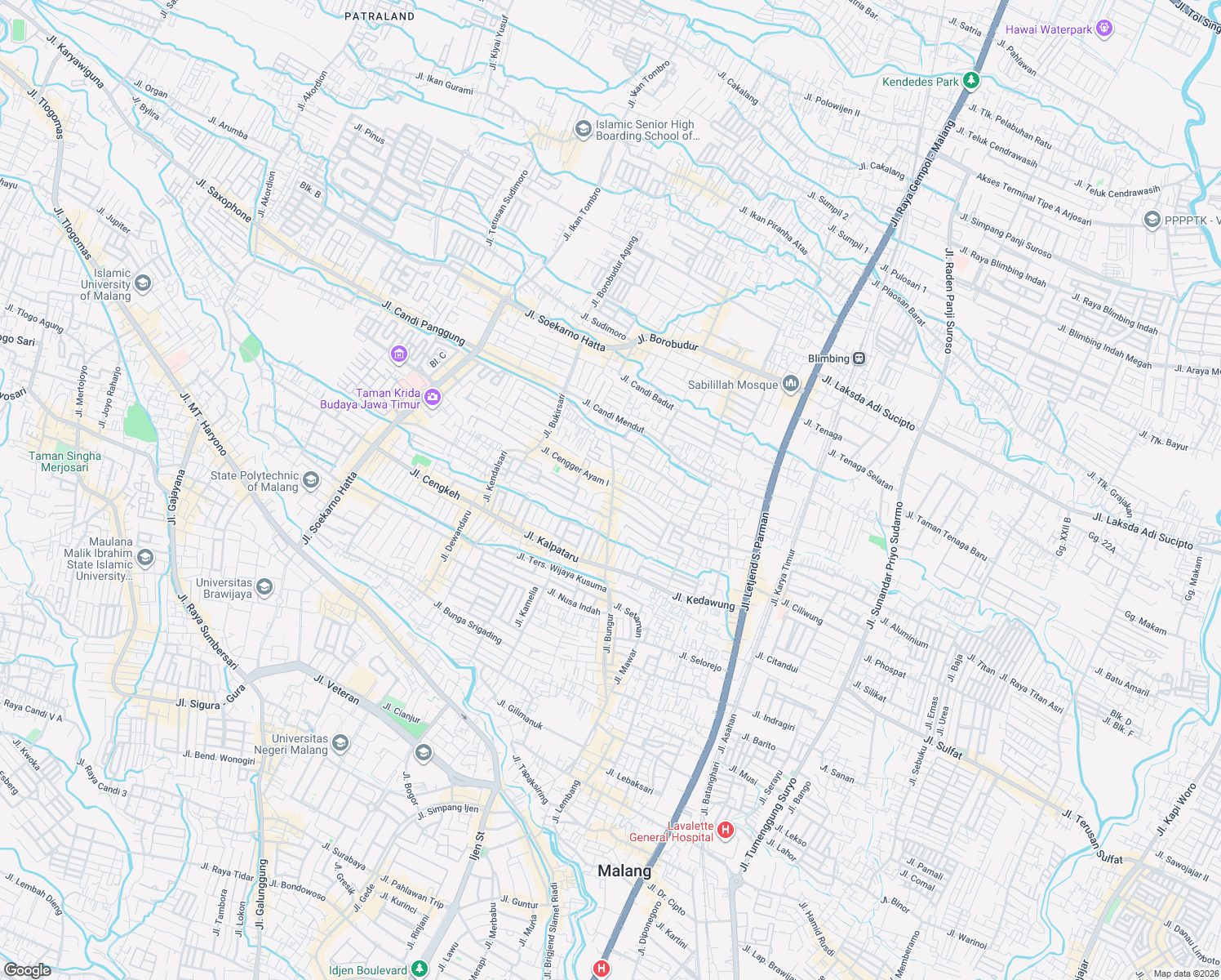 map of restaurants, bars, coffee shops, grocery stores, and more near 31 Jalan Cengger Ayam in Kota Malang