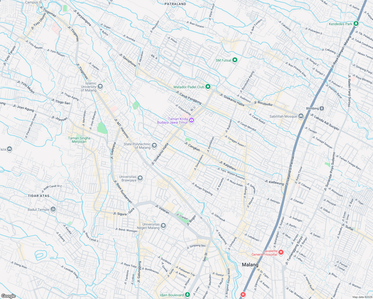 map of restaurants, bars, coffee shops, grocery stores, and more near No.1 Jalan Bunga Widuri in Kota Malang