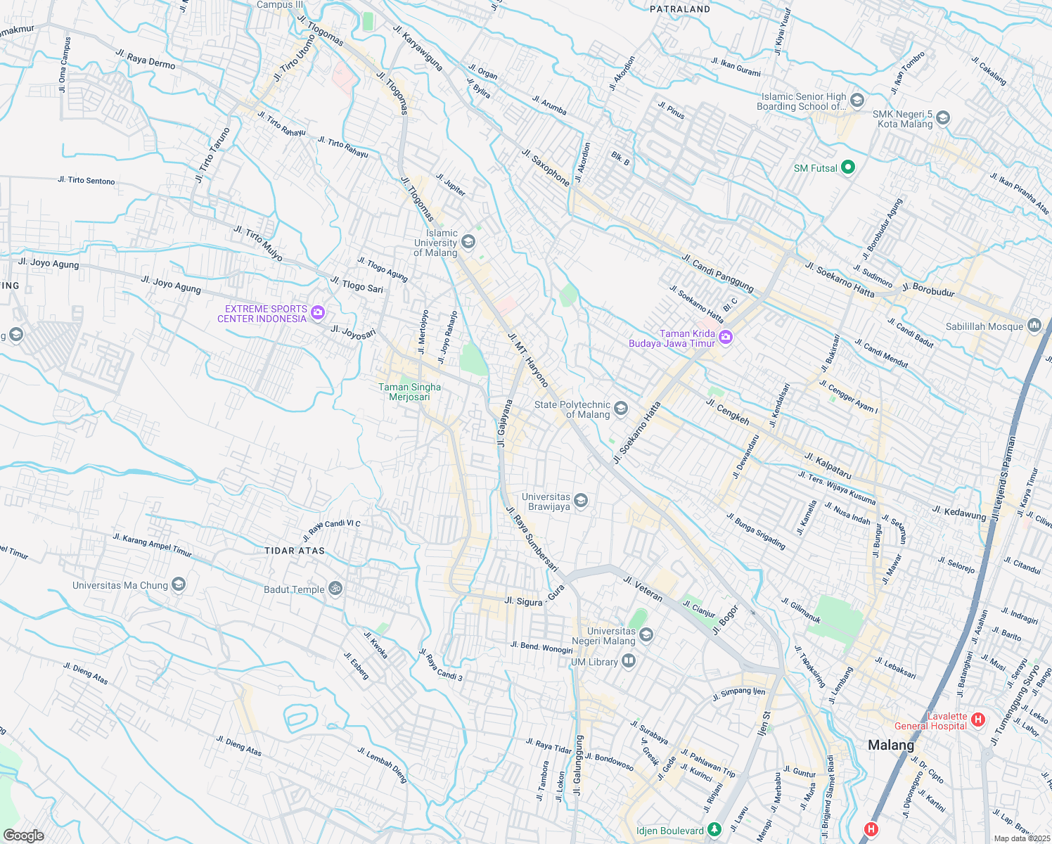 map of restaurants, bars, coffee shops, grocery stores, and more near Jalan Kerto Raharjo in Kota Malang