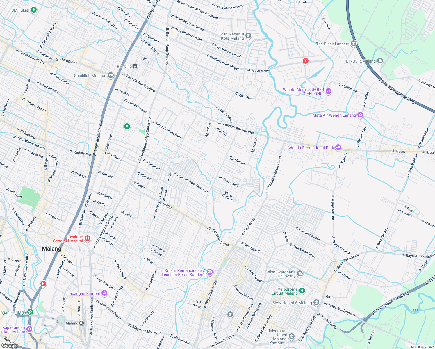 map of restaurants, bars, coffee shops, grocery stores, and more near Jalan Simpang Sulfat Utara in Malang