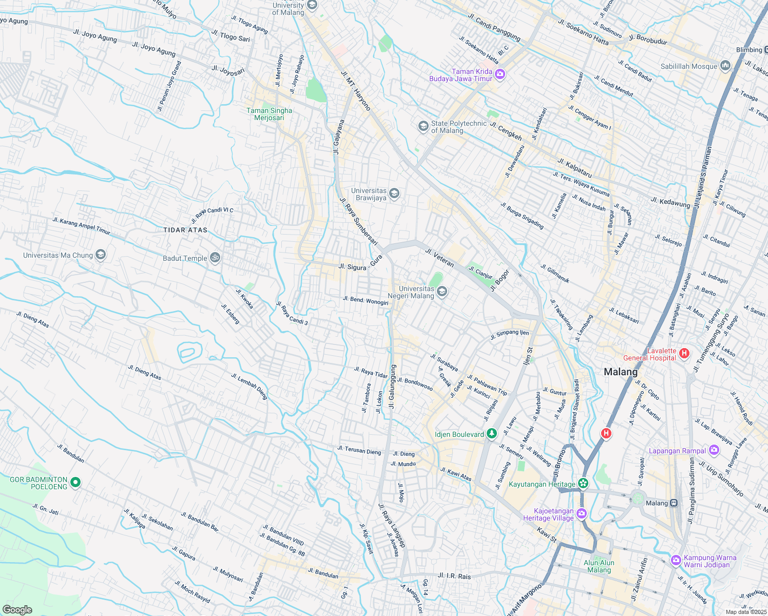 map of restaurants, bars, coffee shops, grocery stores, and more near Jalan Bendungan Jati Gede in Kota Malang