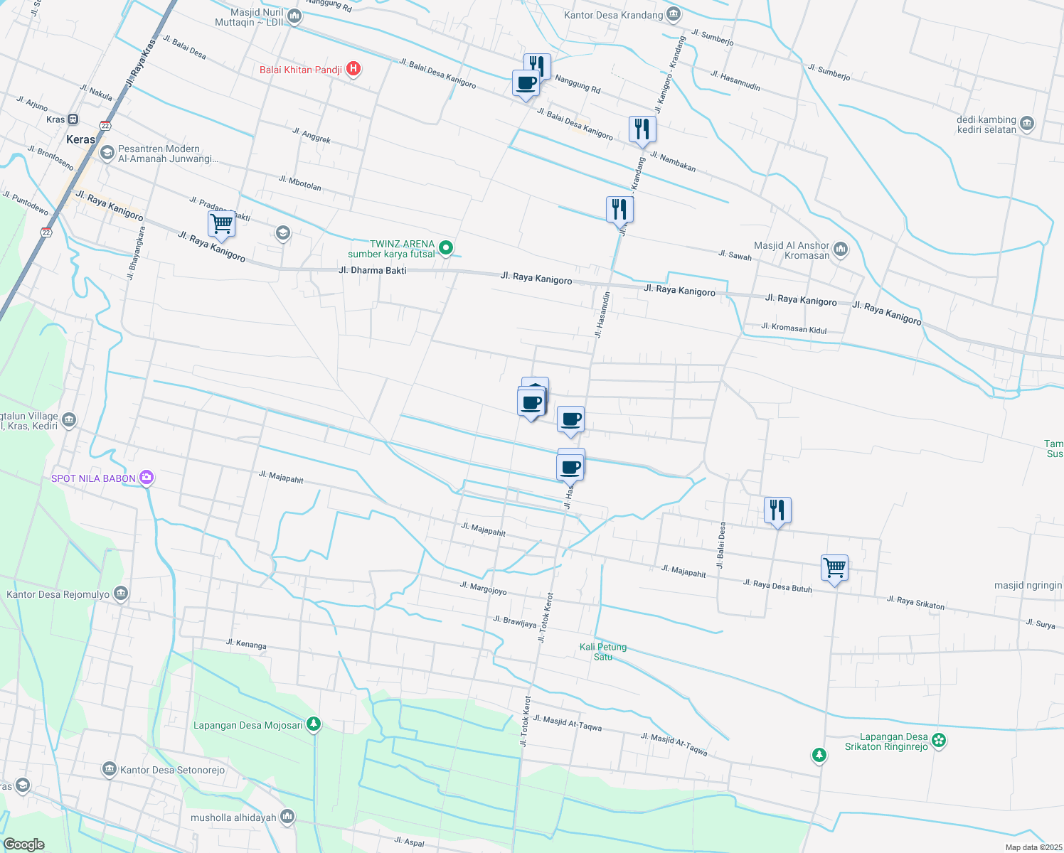 map of restaurants, bars, coffee shops, grocery stores, and more near in Kediri
