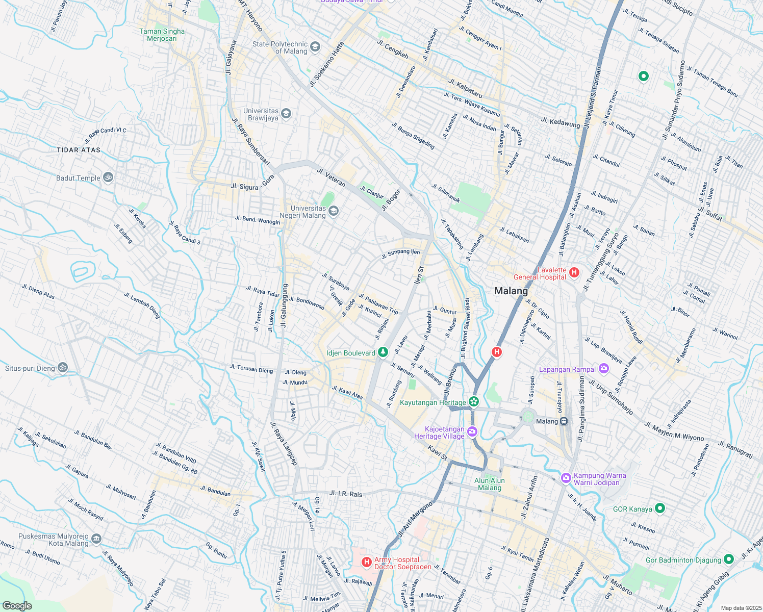 map of restaurants, bars, coffee shops, grocery stores, and more near Jalan Pahlawan Trip in Kota Malang
