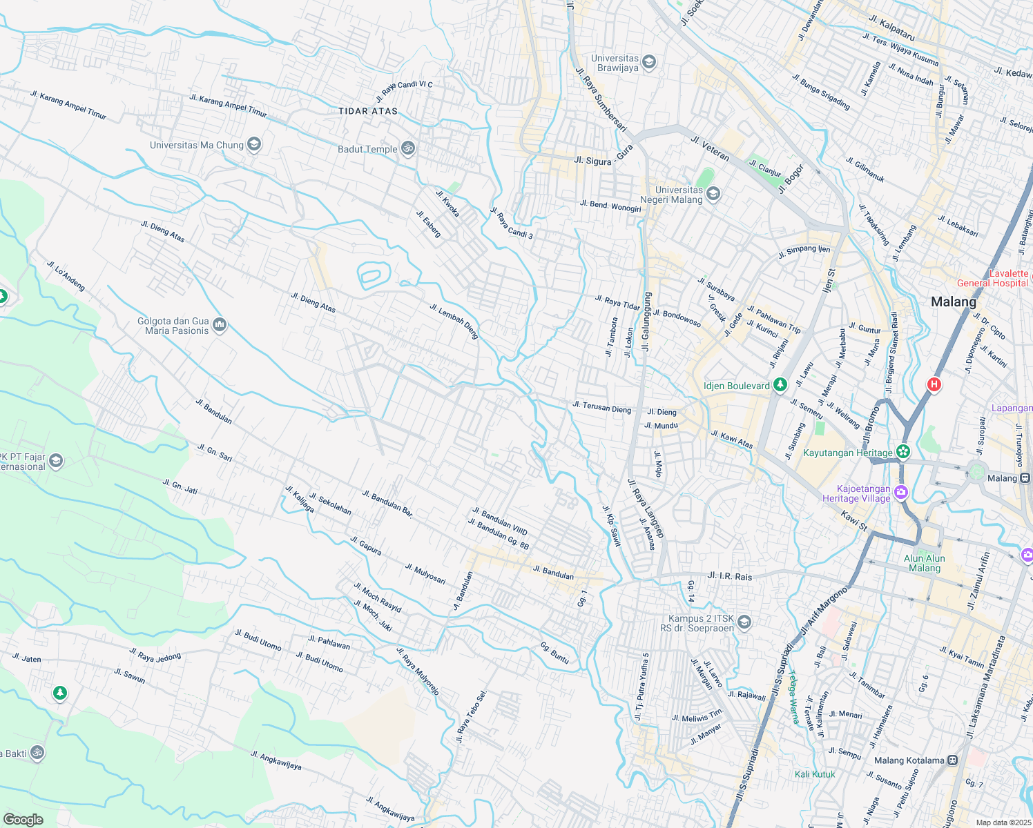 map of restaurants, bars, coffee shops, grocery stores, and more near Jalan Pisang Agung in Kota Malang