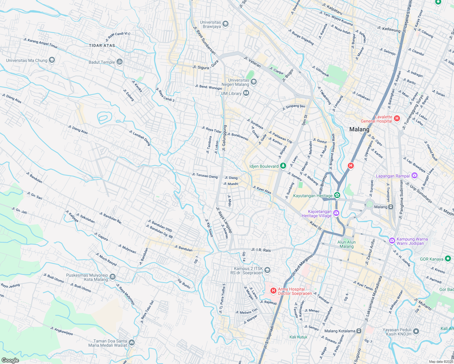 map of restaurants, bars, coffee shops, grocery stores, and more near 34 Jalan Mundu in Kota Malang