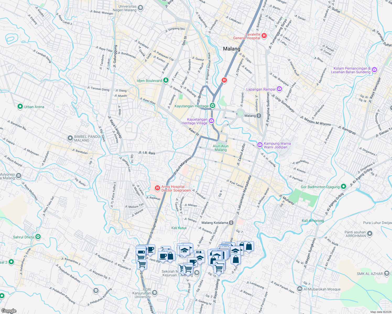 map of restaurants, bars, coffee shops, grocery stores, and more near 46 Jalan Ade Irma Suryani in Kota Malang