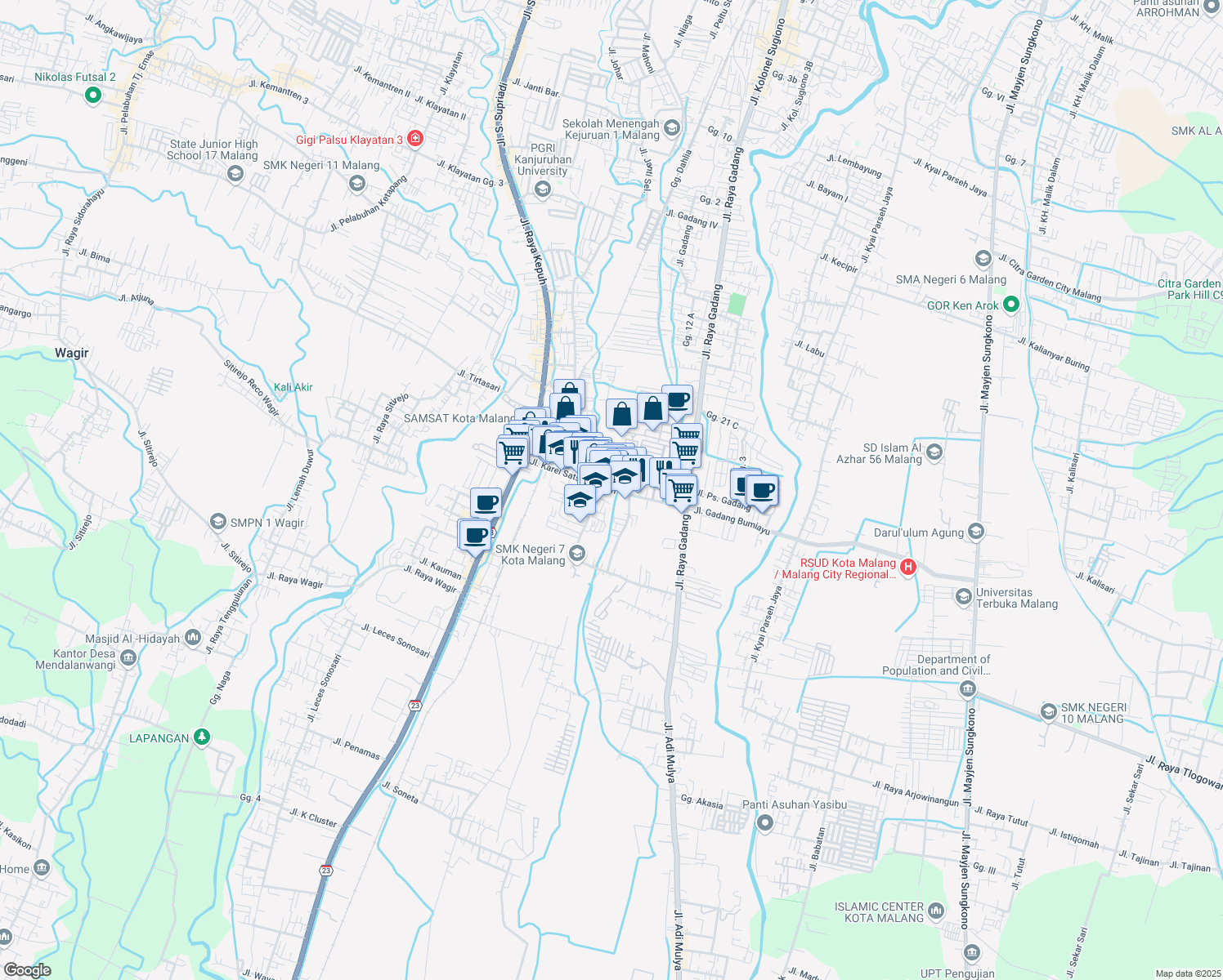 map of restaurants, bars, coffee shops, grocery stores, and more near Jalan Satsuit Tubun in Kota Malang
