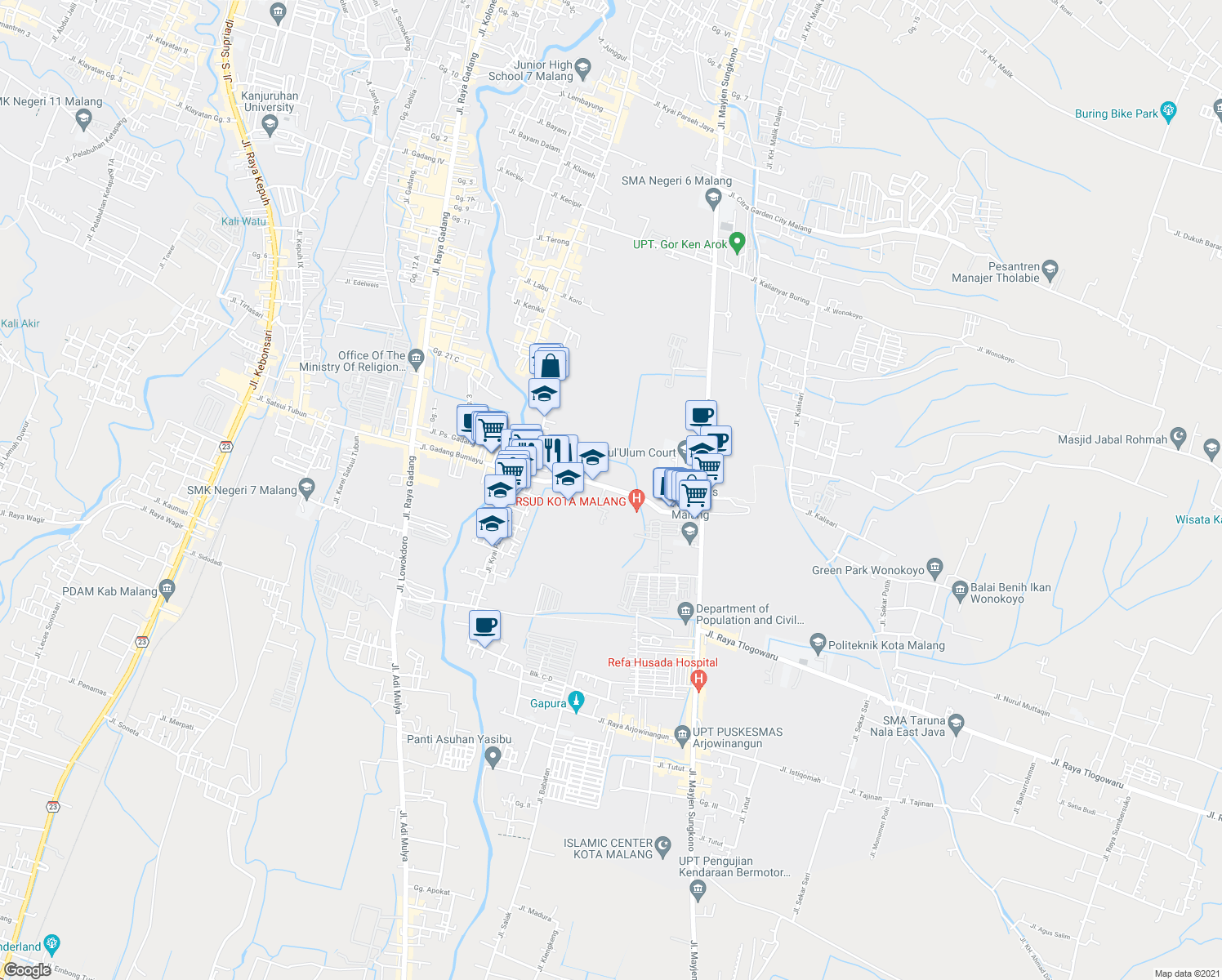 map of restaurants, bars, coffee shops, grocery stores, and more near Jalan Gadang Bumiayu in Kota Malang