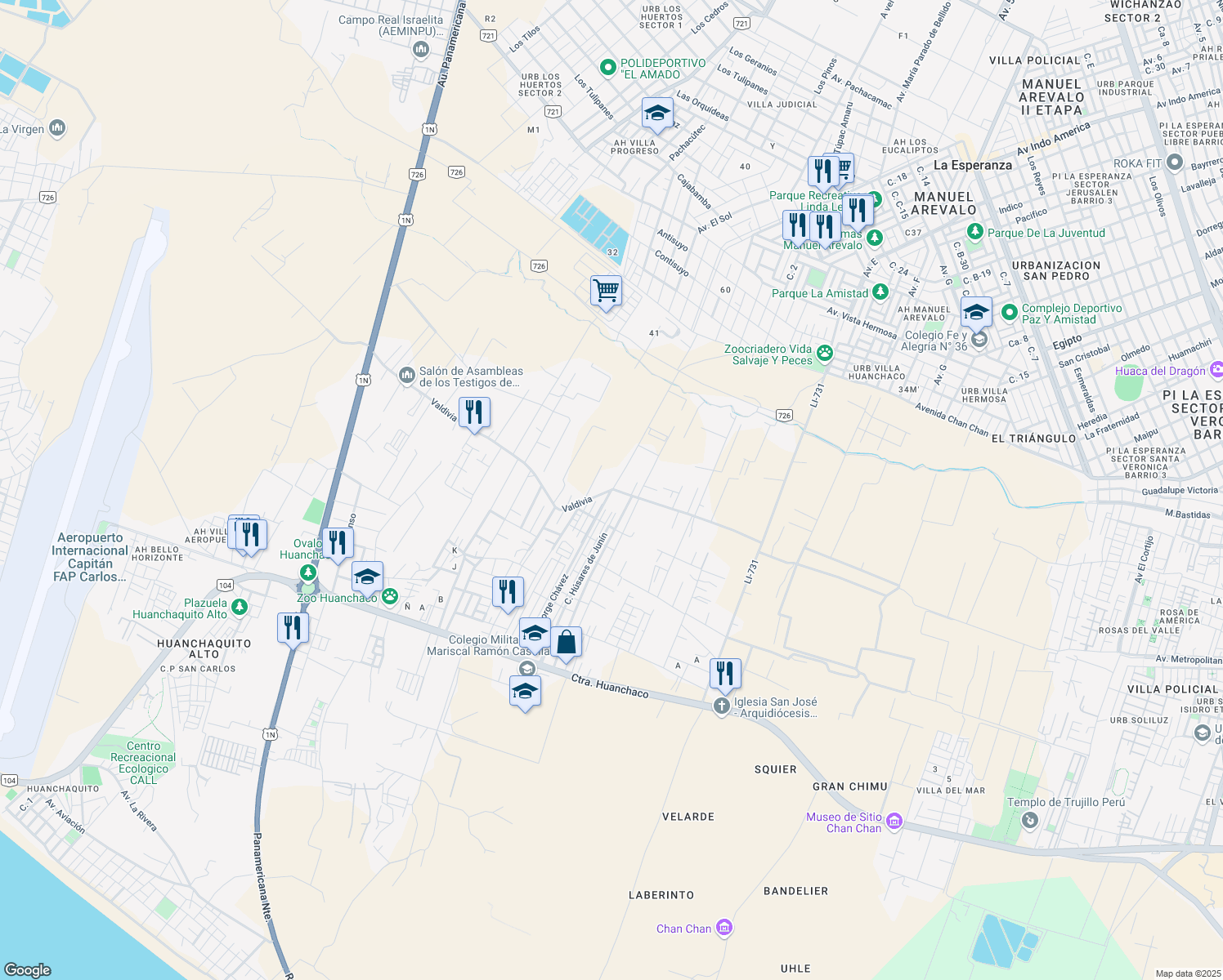 map of restaurants, bars, coffee shops, grocery stores, and more near 960 Calle Los Libertadores in Huanchaco