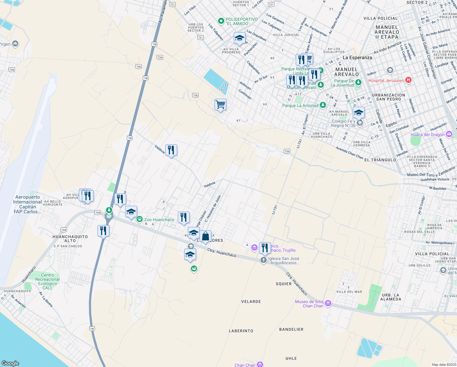 map of restaurants, bars, coffee shops, grocery stores, and more near 960 Calle Los Libertadores in Huanchaco
