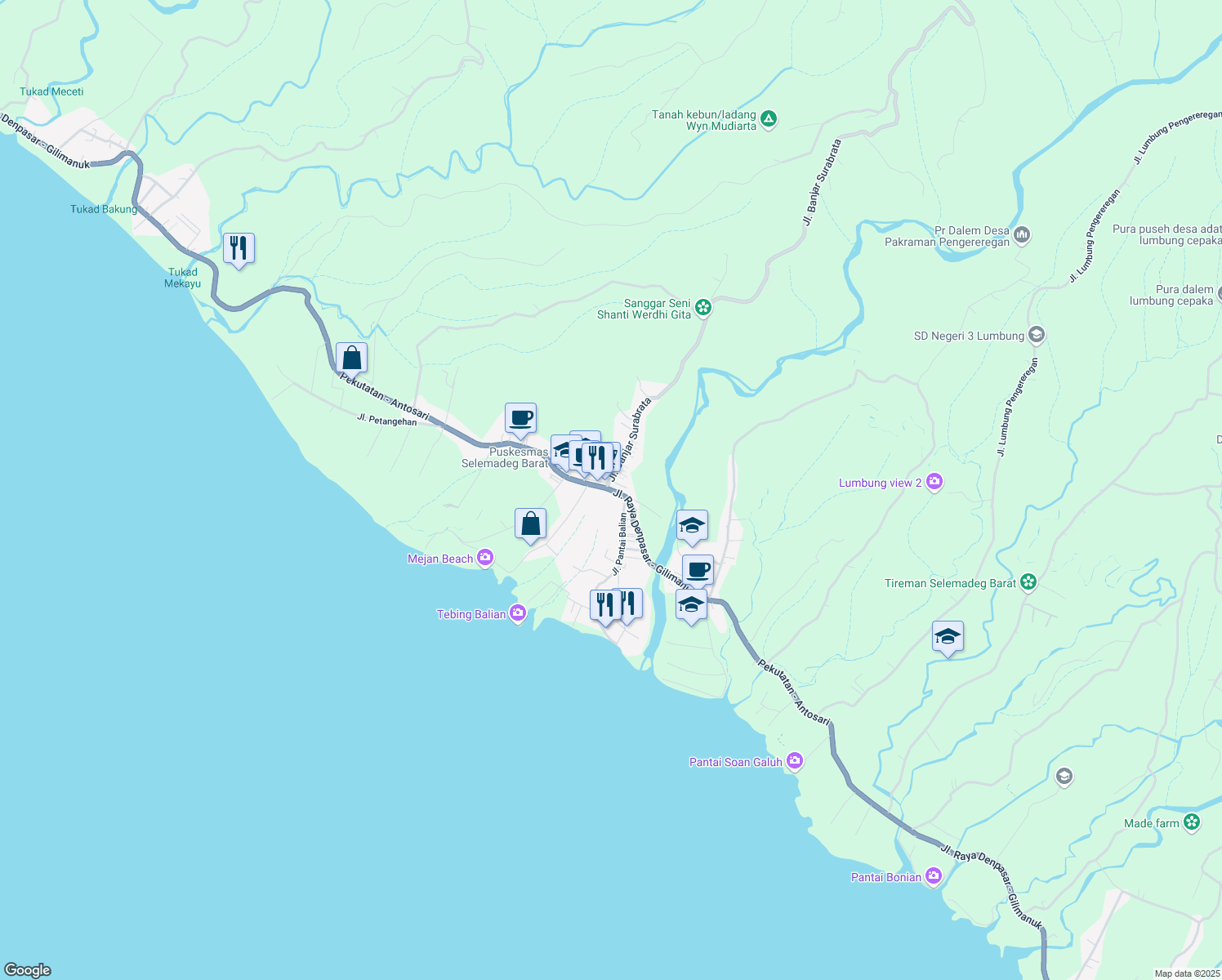 map of restaurants, bars, coffee shops, grocery stores, and more near Jalan Raya Denpasar Gilimanuk in Tabanan