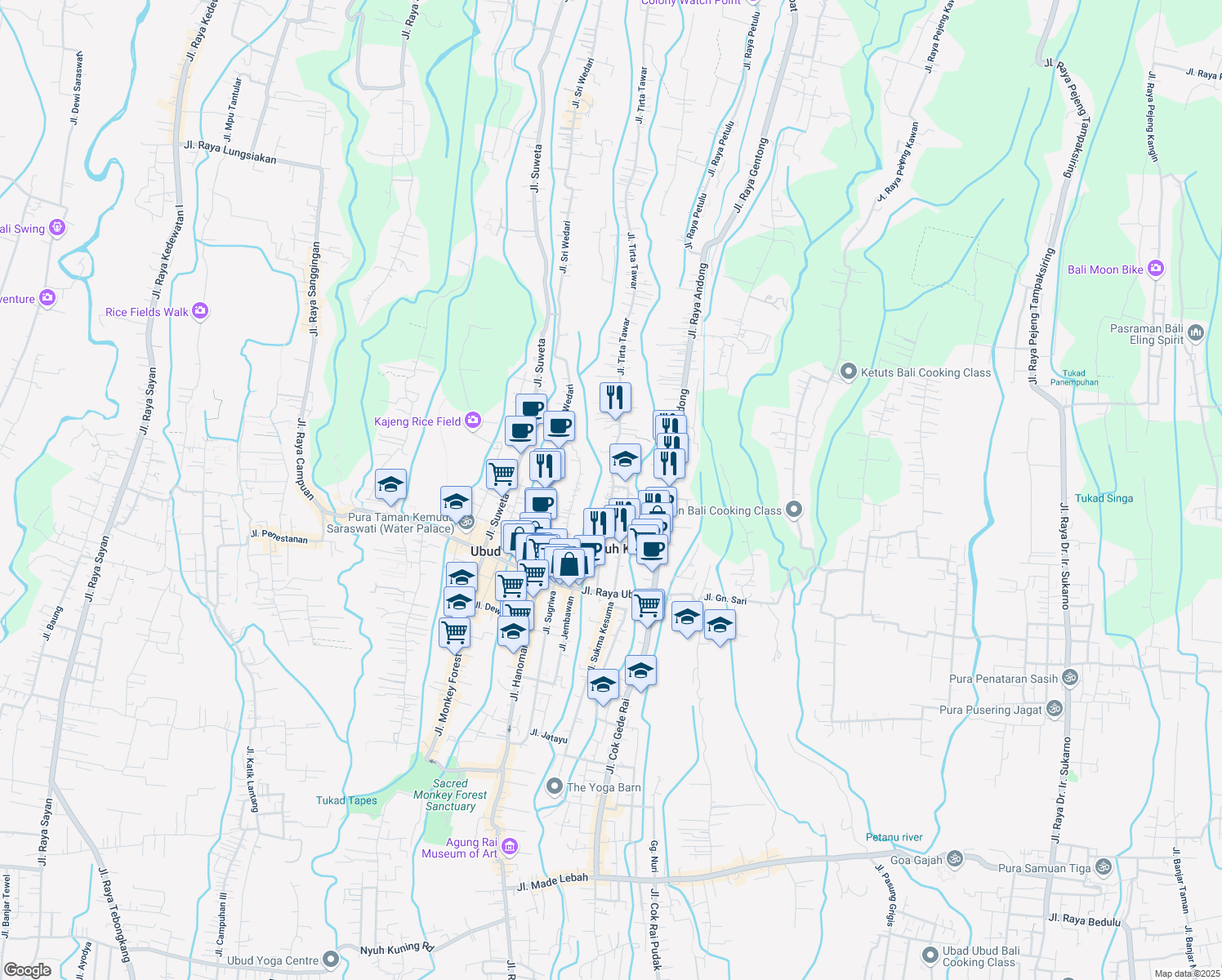 map of restaurants, bars, coffee shops, grocery stores, and more near 88 Jalan Tirta Tawar in Kabupaten Gianyar